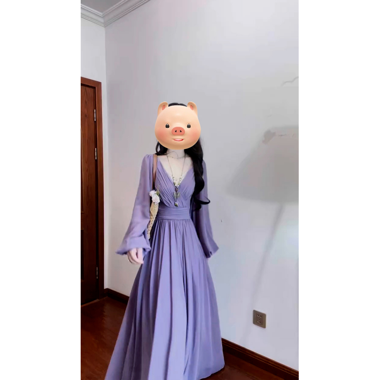 大码胖mm韩系小众优雅风气质紫色连衣裙女秋季新款收腰显瘦长裙潮