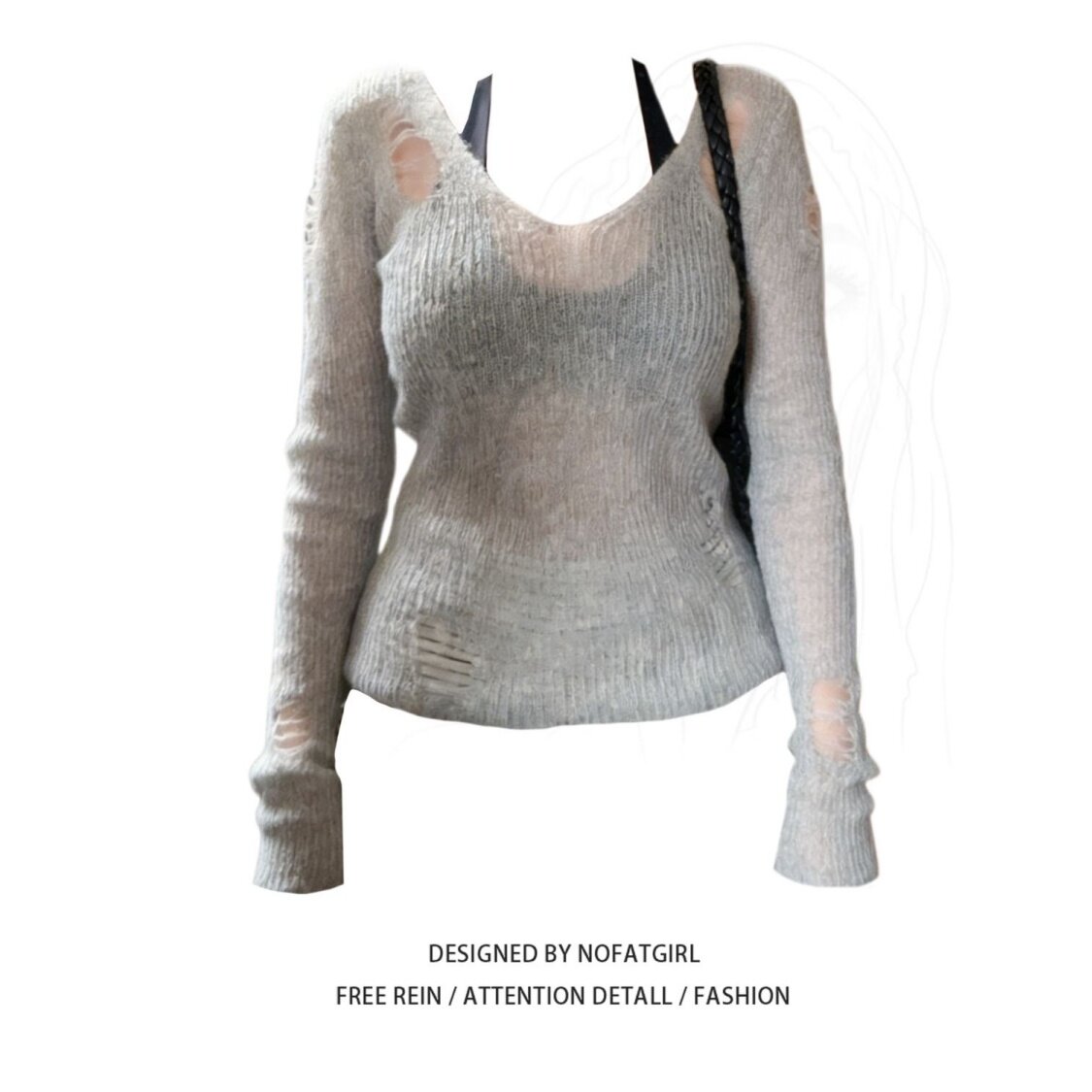 大码胖MM设计感V领破洞镂空针织罩衫韩系减龄内搭挂脖背心两件套