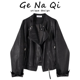 时尚 大码 新款 气质立领宽松显瘦皮衣外套春季 百搭夹克上衣 胖MM法式