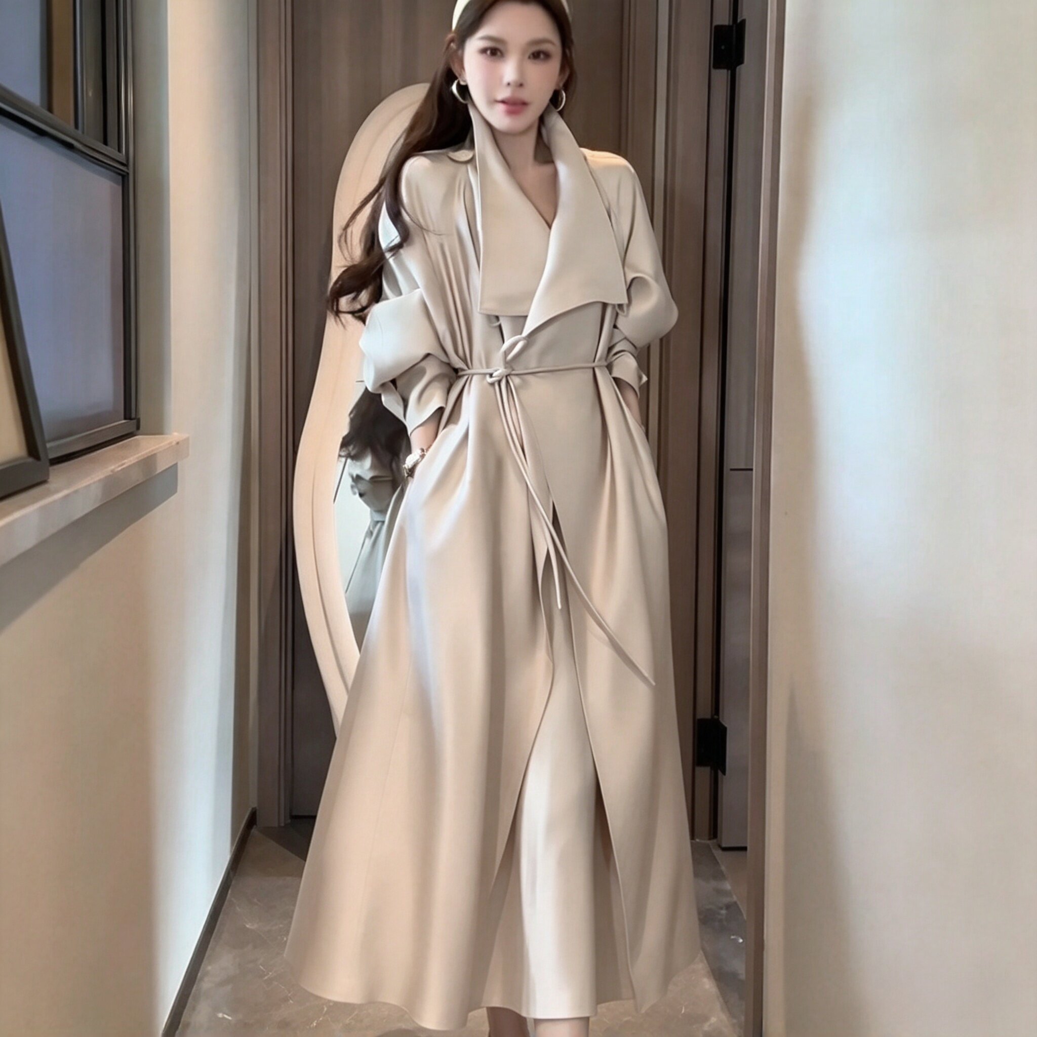 大码胖MM英伦风立领香槟色风衣外套女秋季新款高级感气质长款大衣