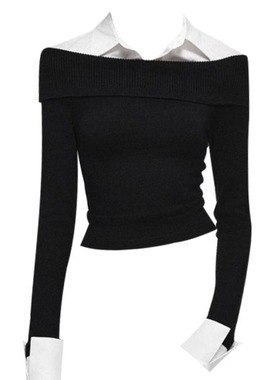 大码胖mm法式设计感拼色衬衫拼接毛织上衣女春秋假两件修身针织衫