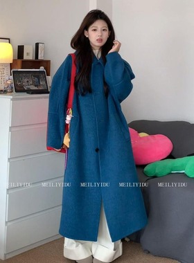 大码胖mm高级感蓝色毛呢外套女春秋韩版宽松气质长款过膝长袖大衣