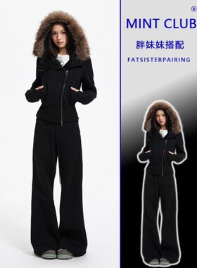 美式斜襟毛绒内胆毛领棉服外套女