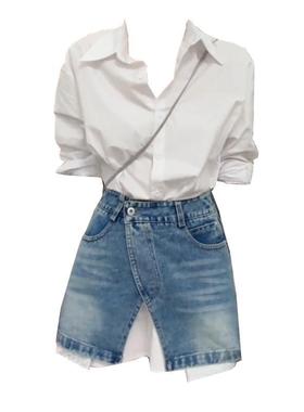 大码胖MM韩系翻领衬衫上衣女夏季新款高腰不规则牛仔半身裙两件套