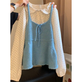 大码 加针织吊带背心女 胖mm韩系入秋穿搭一整套减龄娃娃领波点衬衫