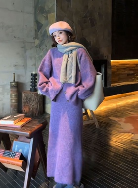 大码胖mm老钱风针织开衫套装女秋冬慵懒风毛衣半身裙气质两件套装