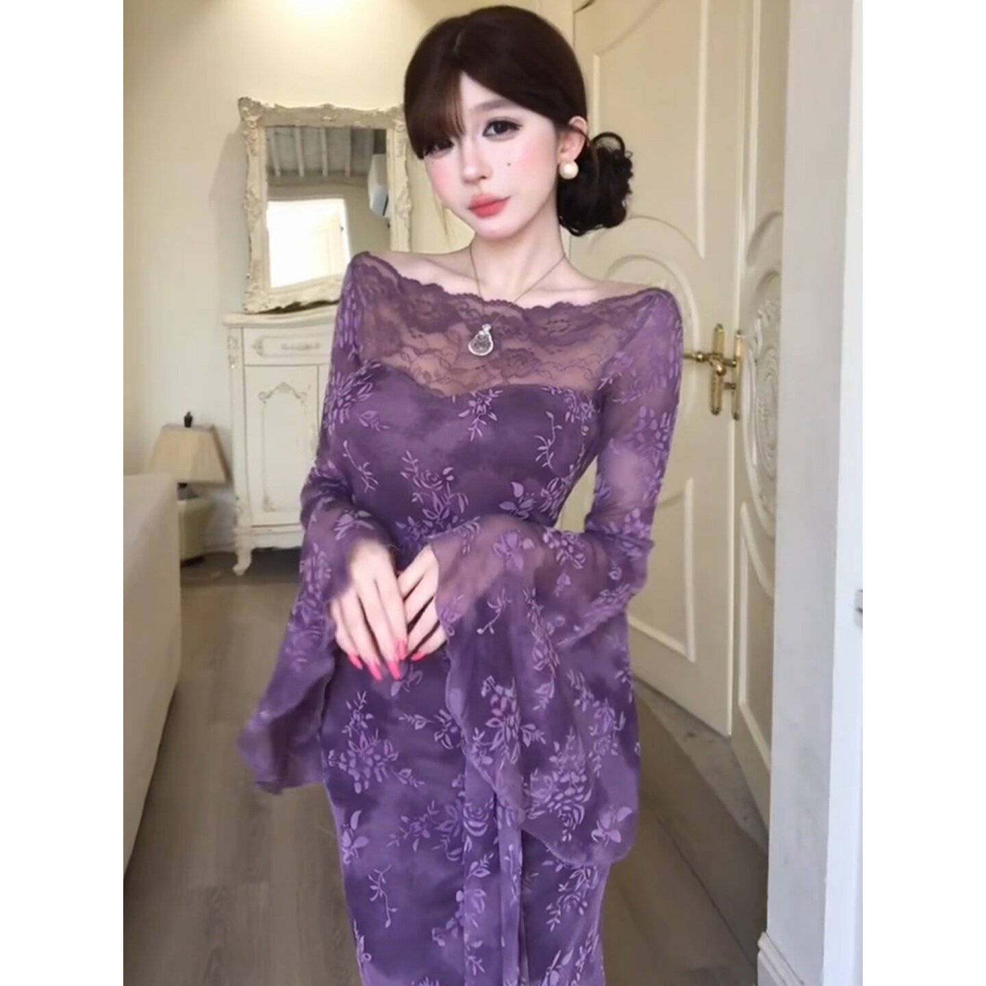 大码胖MM法式纯欲风蕾丝提花镂空喇叭袖连衣裙女夏季气质御姐长裙
