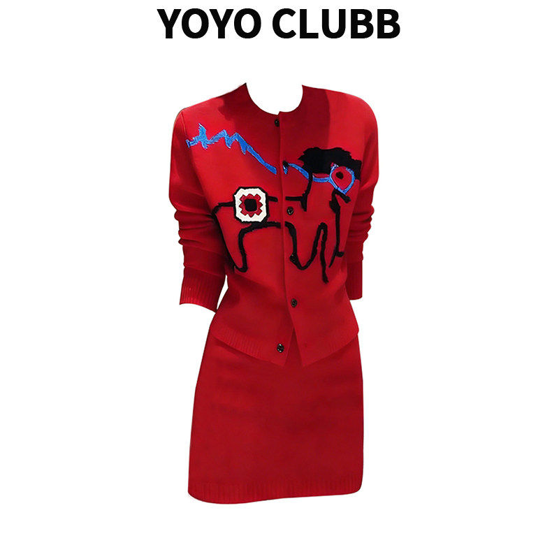 大码胖mm设计感卡通风红色针织开衫包臀短裙女春季简约通勤两件套