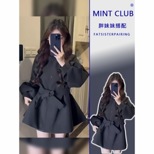 春秋新款灯笼袖保暖毛呢外套大码胖妹妹系带收腰中长款高级感大衣