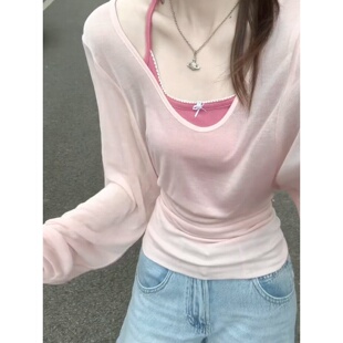 罩衫 大码 女 收腰长袖 女内搭挂脖吊带背心夏季 胖MM韩系减龄时尚 套装