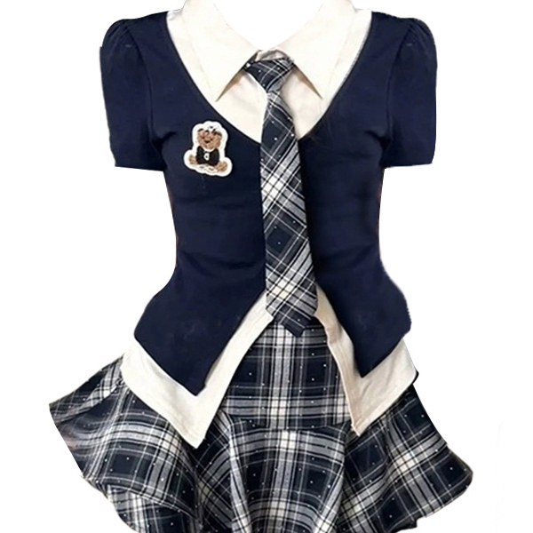 两件套上衣短袖格纹半身裙套装