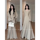 V领长袖 大码 女春季 温柔风针织套装 披肩连衣裙气质两件套 胖mm法式