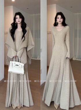 大码胖mm法式温柔风针织套装女春季V领长袖披肩连衣裙气质两件套