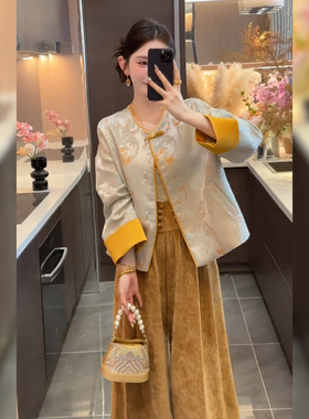 大码胖mm新中式国风高级感外套阔腿裤两件套秋季新款时尚气质套装