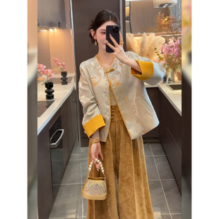 大码胖mm新中式国风高级感外套阔腿裤两件套春季新款时尚气质套装