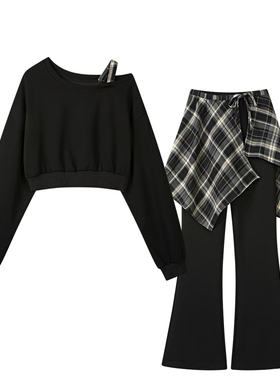 大码胖mm韩版设计感格子屁帘微喇休闲裤斜肩上衣两件套女秋季新款