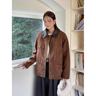 大码胖mm高级感复古拼接外套女冬季皮毛一体夹克加绒上衣气质开衫