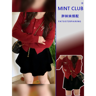 大码 女胖MM秋冬高腰百搭半身裙两件套 极简风红色蝴蝶结软糯针织衫