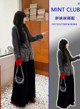 大码胖MM设计感荷叶边拼接绝美针织开衫女秋冬新款复古风灰色上衣