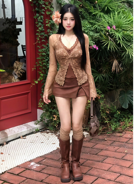 大码胖MM秋季氛围感穿搭纯欲假两件上衣高腰半身裙时尚两件套装女