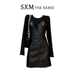 大码胖妹妹法式桔梗拼接内搭连衣裙女黑色前开叉设计打底包臀裙子