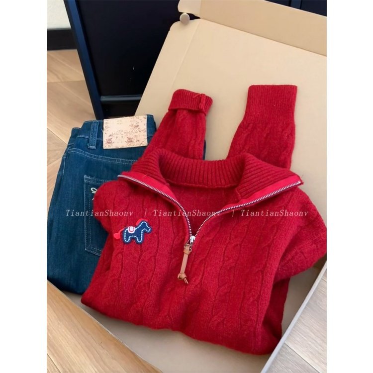 大码胖MM法式复古红色麻花套头毛衣春季新款慵懒风休闲宽松针织衫