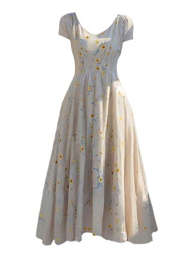 大码胖mm白色小雏菊气质连衣裙2025夏季新款收腰高级感长裙子女装