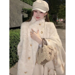 立领显瘦保暖皮草大衣 长款 大码 胖mm温柔风双排扣羊羔毛外套女冬季