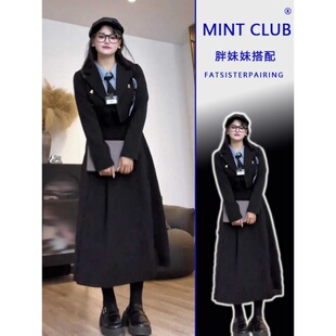 大码胖MM修身显瘦短款西装外套女装春秋复古咖色假两件连衣裙套装