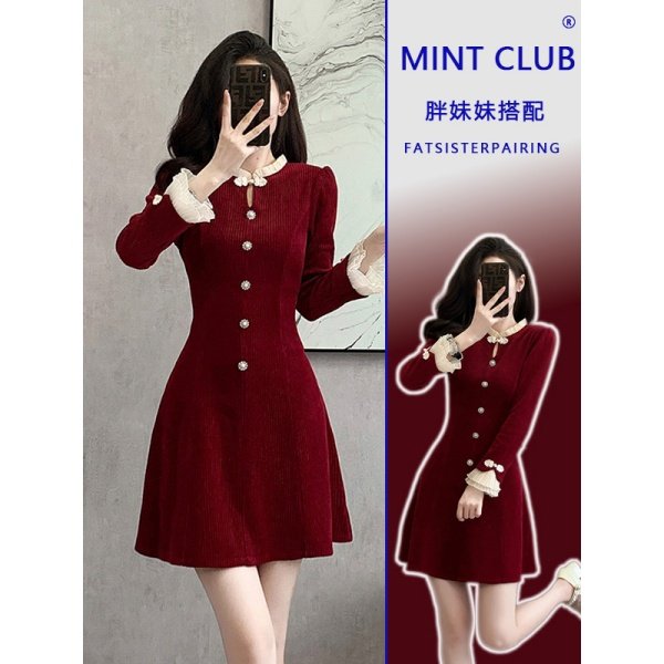 大码胖mm春季高级感甜美休闲气质短裙女新中式复古盘扣长袖连衣裙,女装/女士精品,连衣裙,淘宝优惠券,粉丝福利购,淘宝优惠卷