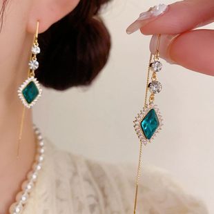 轻奢百搭长款 简约满钻菱形流苏耳线个性 显瘦耳坠批发 复古时尚 法式