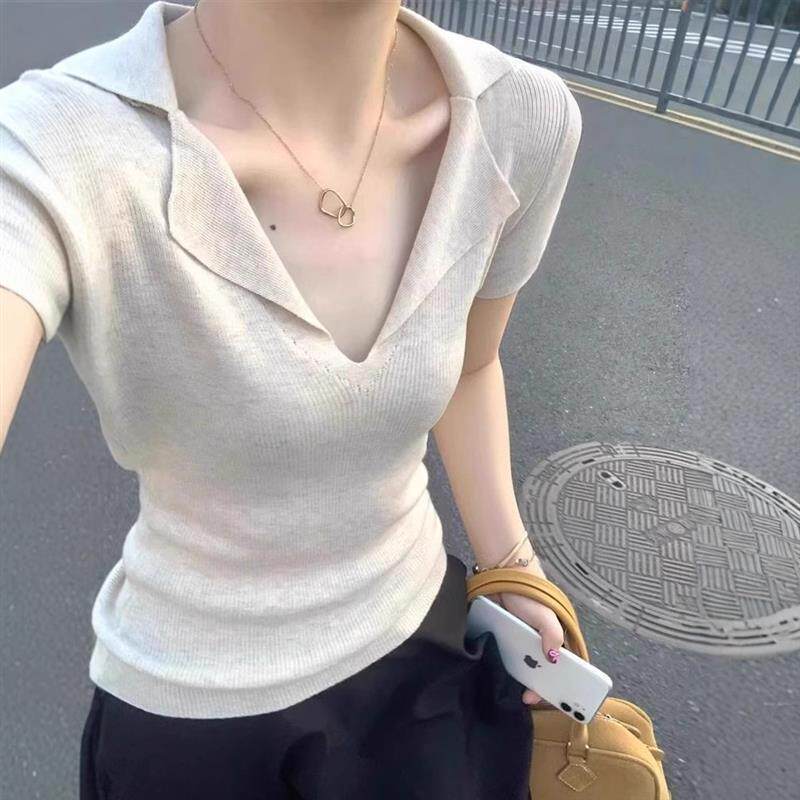 法式v领老钱风短袖女正肩修身t恤2026夏季翻领冰丝针织polo衫上衣