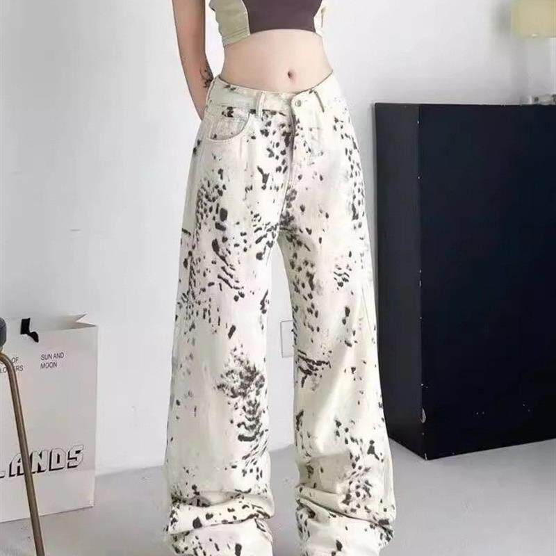 美式白豹纹阔腿牛仔裤女款高街设计感宽松高腰显瘦直筒休闲阔腿裤