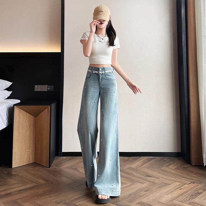 浅色钉珠微喇天丝阔腿牛仔裤女春夏薄款2026新款宽松不贴腿喇叭裤