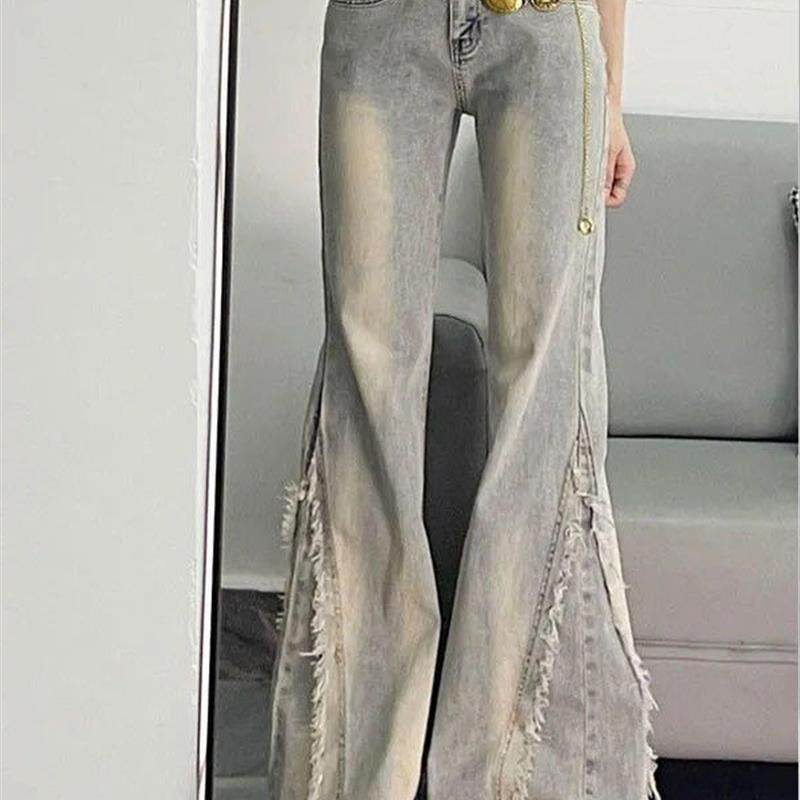 喇叭牛仔裤女款小个子裤子毛边拼接设计高腰微修身显瘦直筒微喇裤