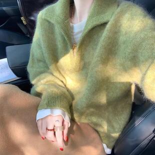 欧货老钱风绿色v领马海毛毛衣女秋慵懒高级感加厚翻领针织上衣
