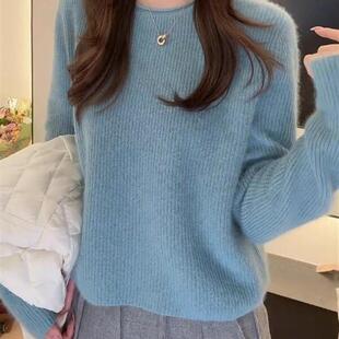 胖MM洋气百搭显瘦长袖 卷边圆领蓝色针织羊绒衫 软糯毛衣女秋大码