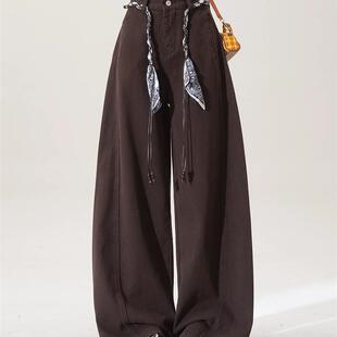 美式复古显瘦阔腿弯刀牛仔裤女款宽松休闲遮肉拖地小个子弯刀裤女