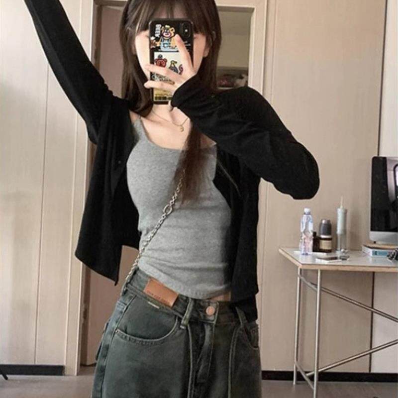 黑色薄款长袖针织开衫女夏季新款小个子外搭上衣防晒短款外套罩衫