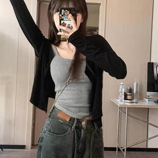 黑色薄款长袖针织开衫女夏季新款小个子外搭上衣防晒短款外套罩衫