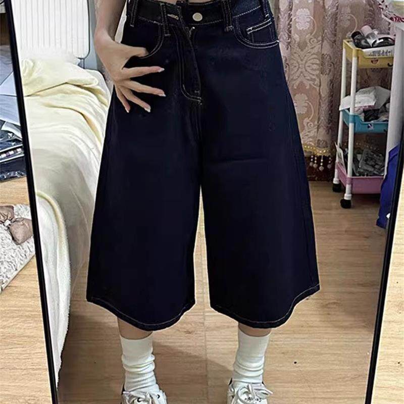 大码深蓝七分阔腿裤女夏季薄款牛仔裤高腰显瘦直筒宽松休闲ins裤