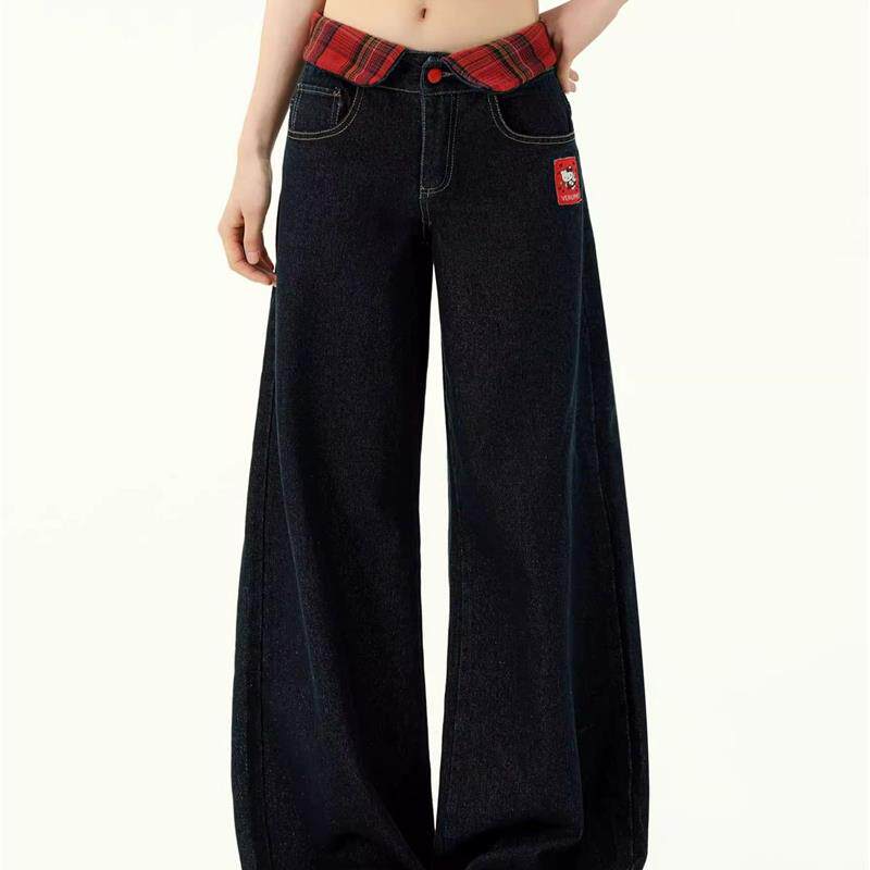 黑色直筒阔腿牛仔裤女款复古宽松直筒阔腿裤水洗垂感小个子裤子