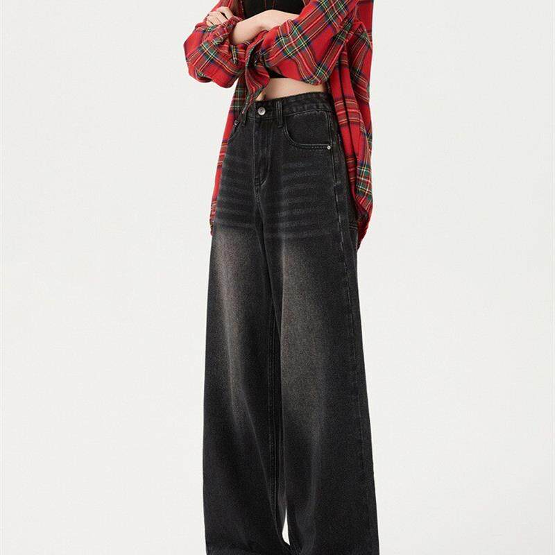 高腰加绒阔腿牛仔裤女秋新款美式复古宽松显瘦垂感直筒拖地裤子