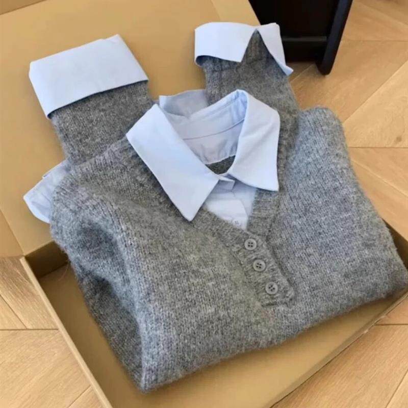灰蓝撞色毛衣衬衫假两件叠穿女秋韩系设计感小众独特针织衫上衣