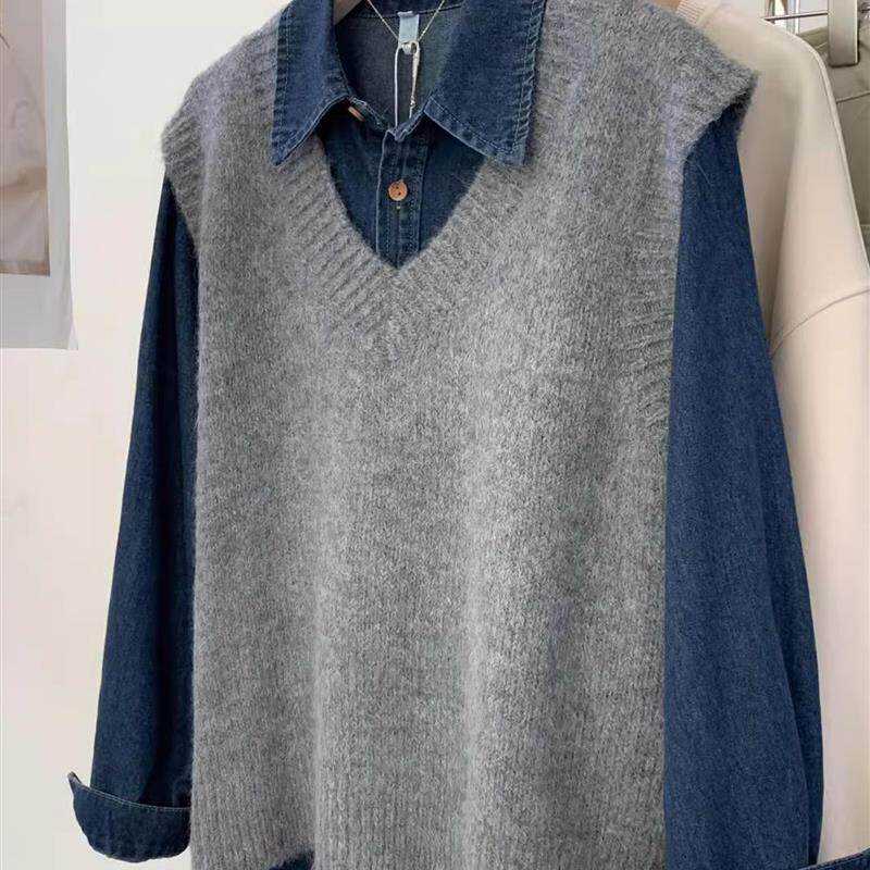 灰色针织马甲女秋宽松V领套头坎肩毛衣背心叠穿搭配牛仔衬衫