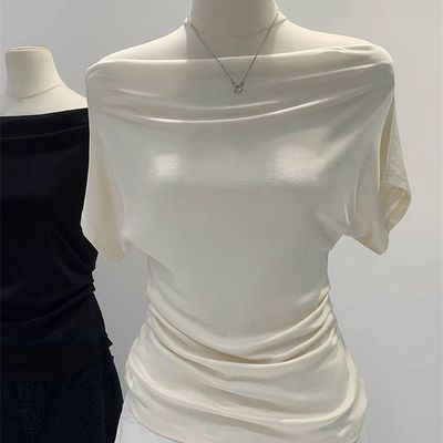 超手感莫代尔棉~一字肩荡领短袖T恤女夏设计感修身露肩斜肩上衣潮