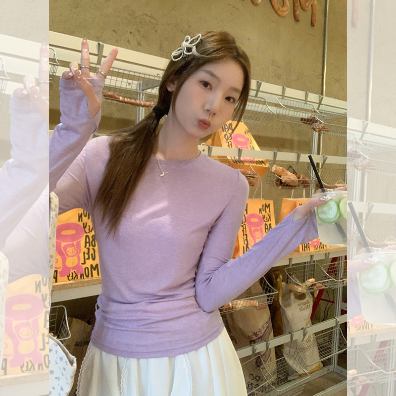 香芋色圆领长袖T恤女2025春季新款小个子显瘦修身内搭打底衫上衣