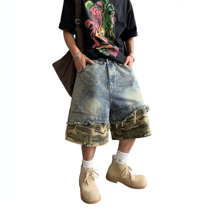 Summer collection for trendy brands～美式复古迷彩牛仔短裤男.