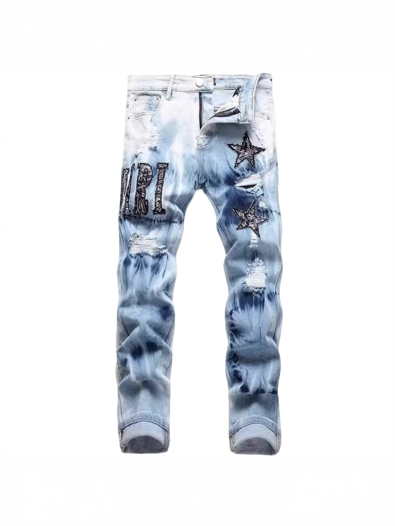 Starry pattern star-shaped embroidery jeans for men.