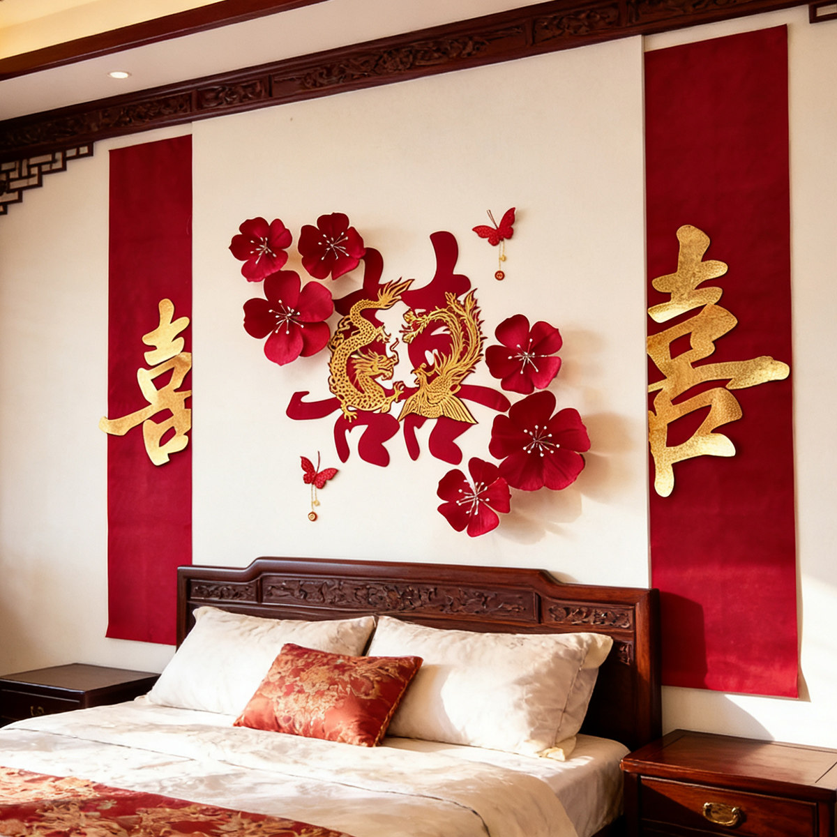 结婚龙凤喜字新房客厅沙发背景氛围婚房布置婚礼创意装饰拉花套装